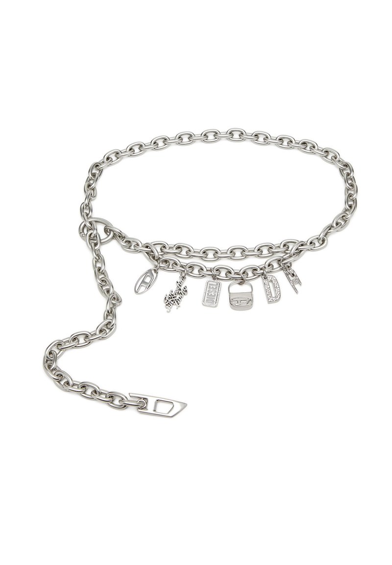 Silver chain belt with various charms including tags and logos. Features interlocking links and a clasp for fastening. Smooth metallic texture.