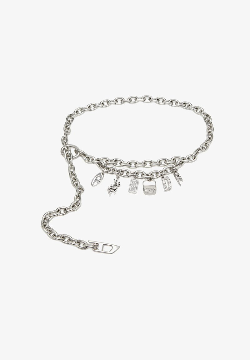 Silver chain belt with various charms including tags and logos. Features interlocking links and a clasp for fastening. Smooth metallic texture.
