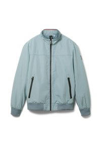 Giacca bomber azzurro chiaro con colletto alto, due tasche anteriori con zip, polsini e orlo a coste, realizzata in tessuto morbido e leggero.