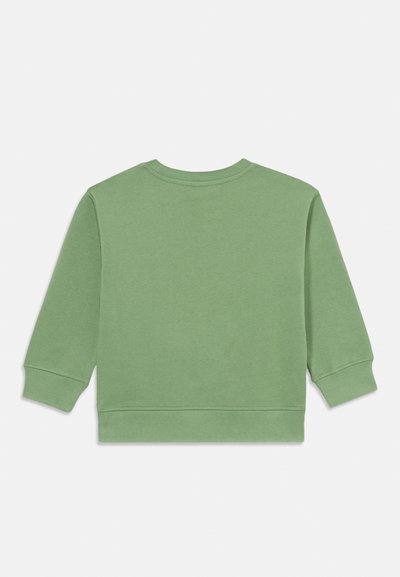 Πράσινη ένδυση με μακριά μανίκια, στρογγυλή λαιμόκοψη, ριχτά μανίκια και στρίφωμα. Κατασκευασμένο από μαλακό βαμβακερό ύφασμα με απαλό υφή. Πίσω όψη.