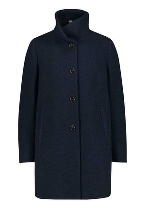 Granatowy wełniany płaszcz z wysokim kołnierzem, czterema czarnymi guzikami z przodu i dwiema pionowymi bocznymi kieszeniami.