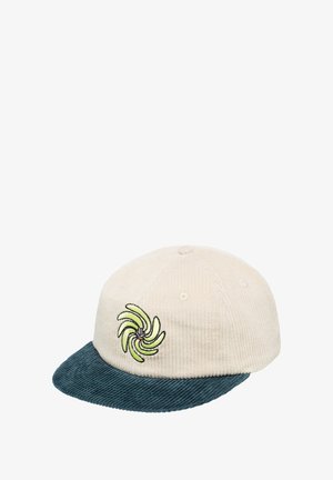 Cordhut mit einer cremefarbenen Oberseite, dunklem grünen Schirm und einem grünen spiralförmigen Logo, das auf der Vorderseite gestickt ist. Strukturiert Stoff mit einem 5-Panel-Design.