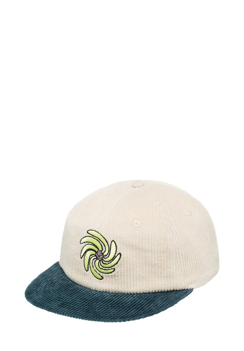 Cappello in corduroy con parte superiore crema, visiera verde scuro e logo a spirale verde ricamato sul davanti. Tessuto strutturato con design a 5 pannelli.