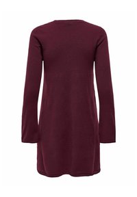 Robe bordeaux à manches longues et longueur genoux avec un col rond, vue de dos sur fond blanc.