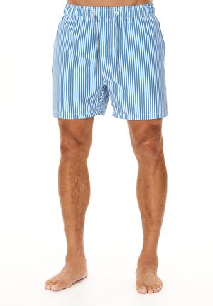 Mand iført blå og hvide lodrette stribede badeshorts med snøre, stående barfodet på en hvid baggrund.