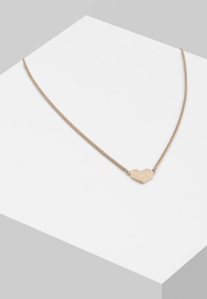 Goldfarbene Metalnecklace mit einem strukturierten Herz-Anhänger, der ein einfaches Kettendesign aufweist und einen kleinen, detaillierten Herz-Anhänger in der Mitte hat.