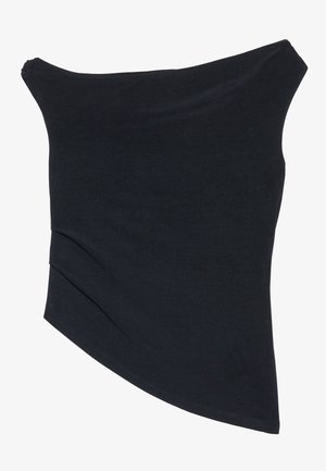 Top negro, con tirantes caídos, de diseño ajustado, con un dobladillo asimétrico y una textura suave y lisa. Presenta tela fruncida en el escote.