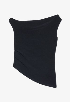 Zwarte off-shoulder top met een fitted ontwerp, asymmetrische zoom en een zachte, gladde textuur. Het heeft gatherstof bij de halslijn.