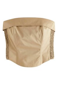 Beige korsett-topp med en slät tygframsida och sammangjorda elastiska sidopaneler, med en rak halsringning och en strukturerad silhuett.