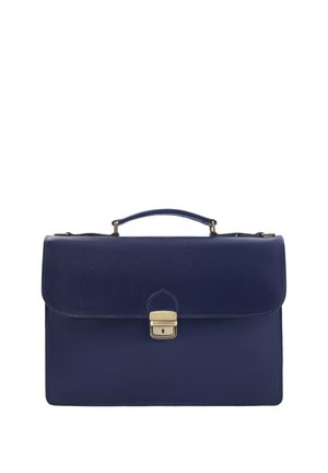 Dunkelblaue Lederaktentasche mit einem oberen Griff und einem zentralen goldfarbenen Schloss an der Vorderklappe.