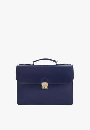 Dunkelblaue Lederaktentasche mit einem oberen Griff und einem zentralen goldfarbenen Schloss an der Vorderklappe.