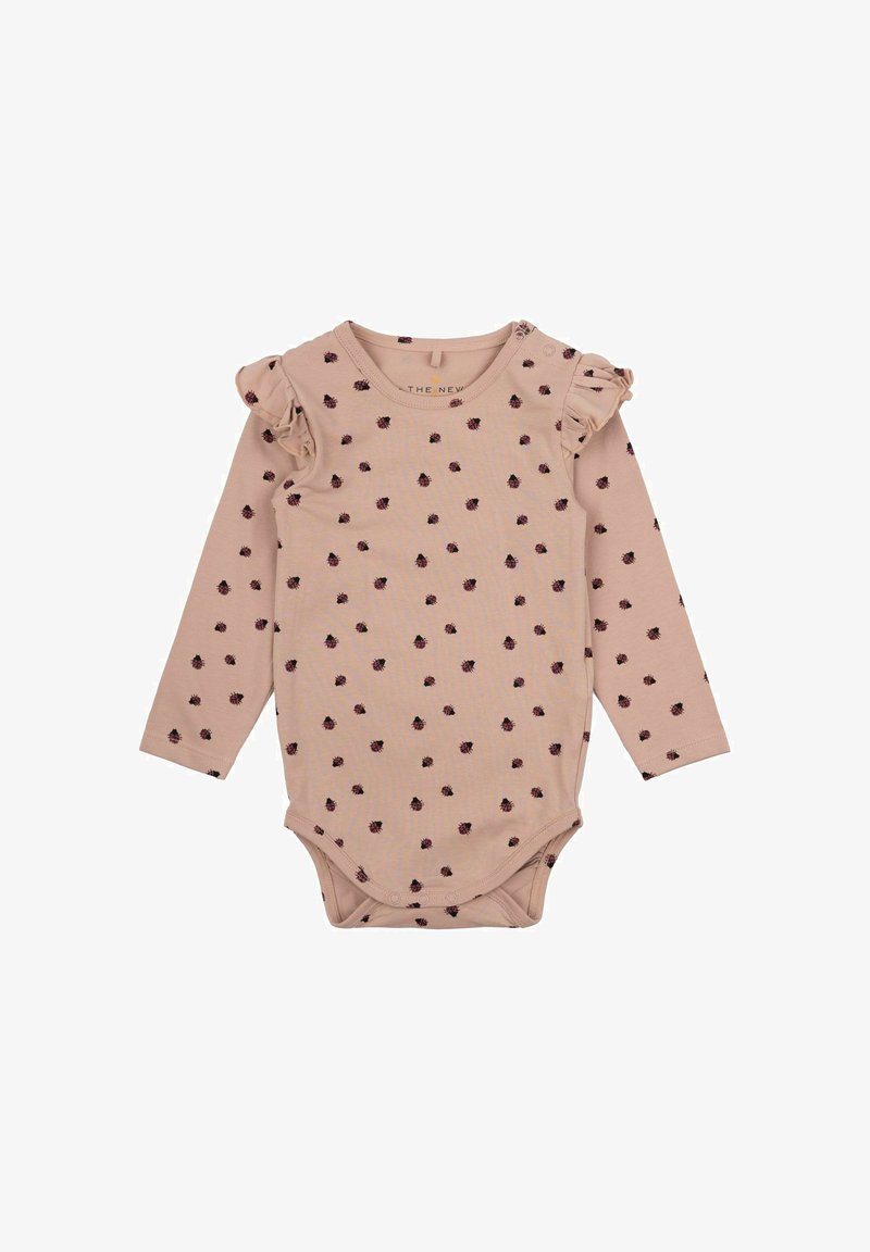Long-sleeve baby bodysuit in soft pink, featuring small dark floral patterns and ruffle accents on the shoulders. Snap closure at the bottom.