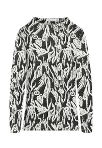 Schwarz-weiß gemusterter, langärmliger Strickpullover mit rundem Ausschnitt und floral-abstraktem Design, gefertigt aus einem weichen, strukturierten Stoff.