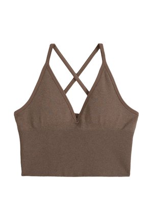 Brun ribstrikket crop top med dyb V-hals og krydsede tynde skulderstropper bagpå, lavet af blødt strikstof.