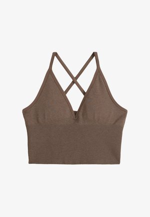 Brun ribstrikket crop top med dyb V-hals og krydsede tynde skulderstropper bagpå, lavet af blødt strikstof.