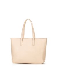 Beige faux leren totebag met twee lange handvaten, rechthoekige vorm, gladde textuur en minimalistisch ontwerp. Geen zichtbare hardware of accenten.