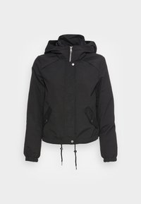 Černá zipová bunda s kapucí, elastickými manžetami, stažením na spodním lemu, bočními kapsami a hladkým, matným povrchem. Jednoduchý design bez vzorů.