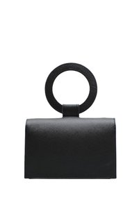 Borsa nera con esterno texture, forma rettangolare e manico circolare. Design minimalista, senza hardware o accenti visibili.