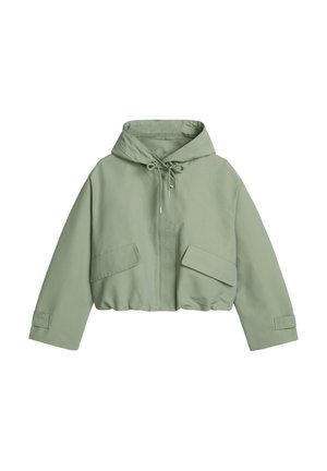 Veste courte à capuche vert clair avec poches avant, capuche avec cordon, manches longues avec poignets ajustables.