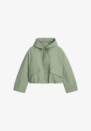 Light green cropped hooded jacket with front pockets, drawstring hood, and long sleeves with adjustable cuffs.