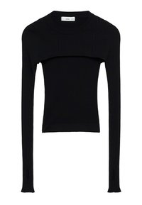 Crop top noir en maille côtelée à manches longues avec un panneau supplémentaire très court sur la poitrine et des trous pour les pouces sur les manches.