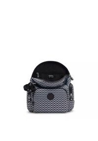 Kipling-Tasche im navy-weißen geometrischen Muster, aus Stoff gefertigt. Verfügt über eine Vordertasche, Reißverschlüsse und einen schwarzen Affenschlüsselanhänger.