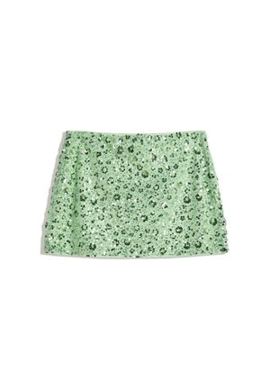 Green sequin mini skirt with a gathered waist, featuring a floral pattern made of shiny, reflective sequins against a smooth fabric background.