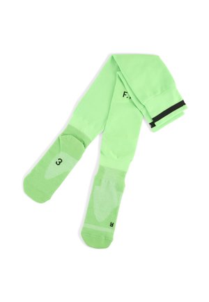 Grüne Sportsocken mit einem strukturierten Mesh-Obermaterial, gepolstertem Fußbett und einem schwarzen Streifen am Bündchen. Größe auf der Sohle mit "3" gekennzeichnet.