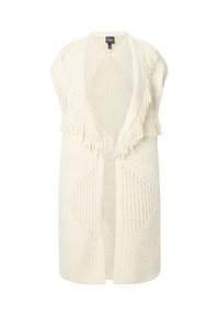 Strickweste in Off-White mit offenem Vorderteil, Fransenverzierungen an den Schultern und strukturierten geometrischen Mustern im gesamten Design. Leicht und atmungsaktiv.