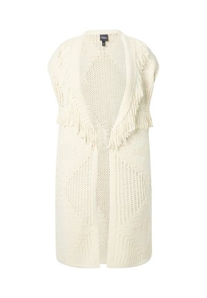 Gebreide vest in off-white met open voorkant, franjes op de schouders en gestructureerde geometrische patronen door het hele vest. Lichtgewicht en ademend materiaal.