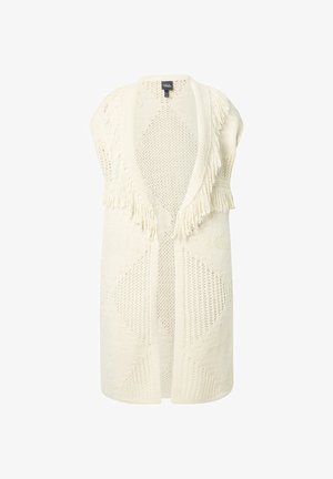 Gebreide vest in off-white met open voorkant, franjes op de schouders en gestructureerde geometrische patronen door het hele vest. Lichtgewicht en ademend materiaal.