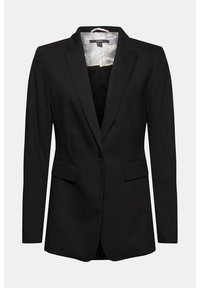 Czarna marynarka o dopasowanym kroju, zapinana na jeden guzik, z klapami ze wsunięciem, dwoma przednimi kieszeniami i gładką, teksturowaną podszewką.