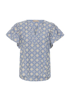 Blusa blu a maniche corte con motivo floreale geometrico bianco e spalle leggermente arricciate, caratterizzata da scollo a V e tessuto leggero.