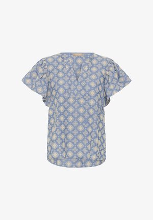 Blusa blu a maniche corte con motivo floreale geometrico bianco e spalle leggermente arricciate, caratterizzata da scollo a V e tessuto leggero.