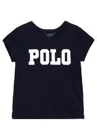 Marineblauwe katoen t-shirt met korte mouwen en een ronde hals, met grote witte "POLO" tekst prominent op de voorkant.