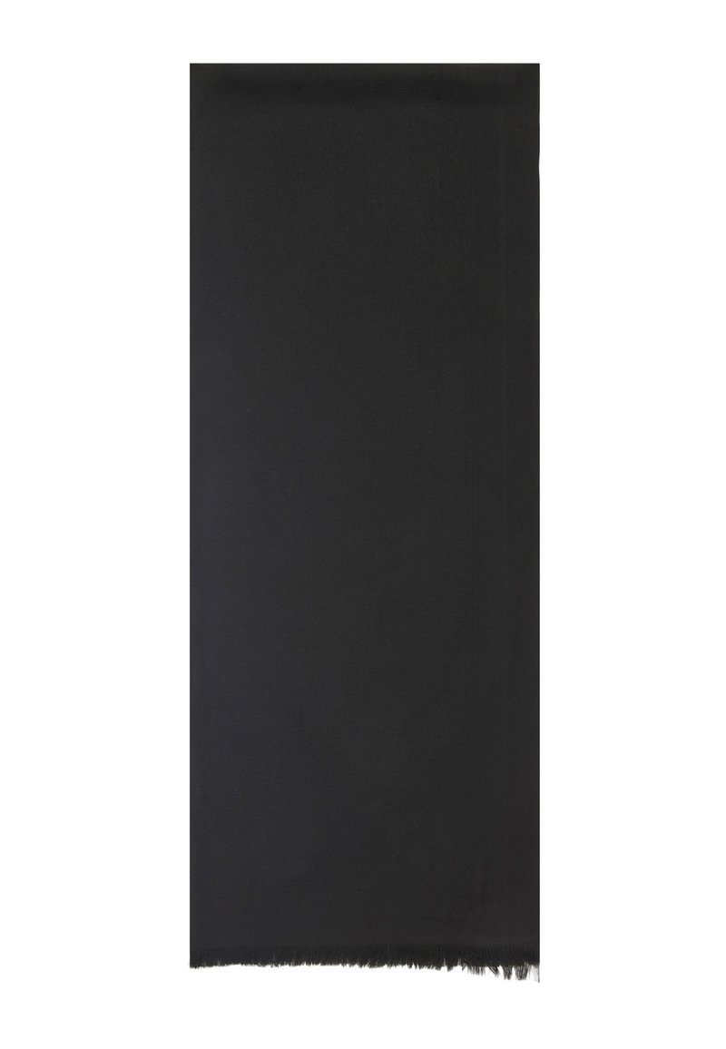 Sciarpa nera in morbido tessuto, con una texture liscia e bordi frangiati. Forma rettangolare, colore uniforme senza motivi.