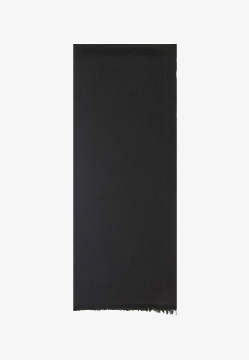 Black scarf made of soft fabric, featuring a smooth texture and fringed edges. Rectangular shape, uniform color without patterns.