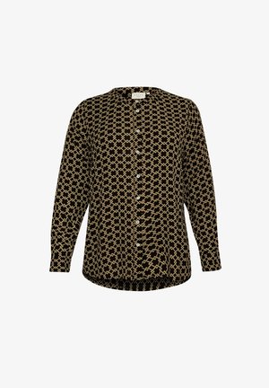 Schwarz-beige gemustertes Hemd mit langen Ärmeln, rundem Ausschnitt und Knöpfen vorne, mit einer glatten Stofftextur.