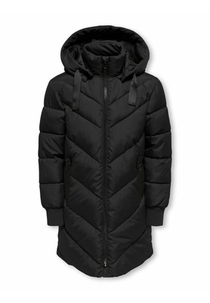 Manteau long matelassé noir avec capuche, fermeture éclair à l'avant, poches latérales et poignets côtelés, conçu pour la chaleur et le confort.