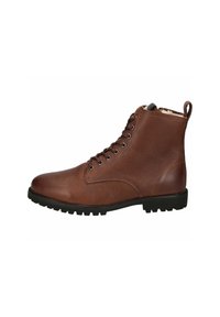 Stivali ankle in pelle marrone con finitura texturizzata, stringati davanti, punta rotonda e suola in gomma spessa. Include un inserto per il tallone sul retro.