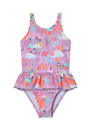 Violetta Badeanzug mit Rüschensaum, verziert mit bunten Blumen- und Schmetterlingsmustern sowie verspielten Motiven wie Einhörnern und Regenbögen.