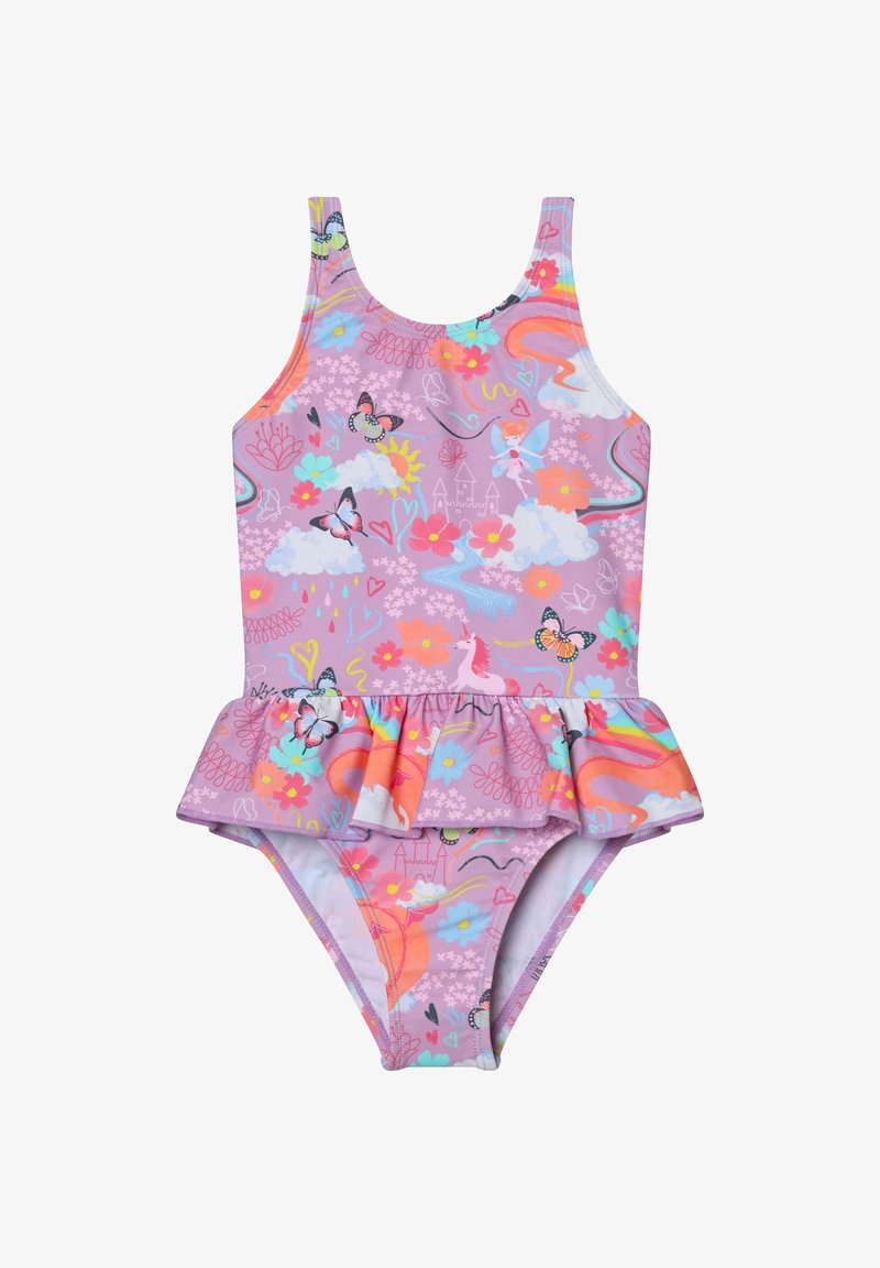 Maillot de bain une pièce violet avec une jupe peplum, présentant des motifs floraux et de papillons colorés, ainsi que des dessins fantaisistes incluant des licornes et des arcs-en-ciel.