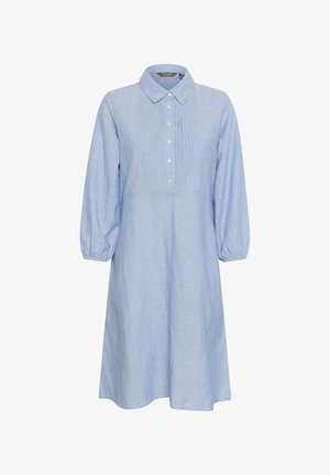 Világoskék, hosszú ujjú vászonruha, gombos nyakával és az elején redős díszítéssel. Laza szabás.