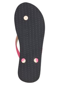 Flip-Flop-Sohle aus schwarzem Gummi mit strukturiertem Oberflächen. Mit zwei runden Akzenten in Pink und Beige, mit einem "L"-Abzeichen.