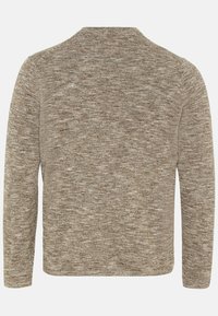 Pull en maille chiné marron et beige à manches longues, vu de dos, avec un col rond et un ourlet droit.