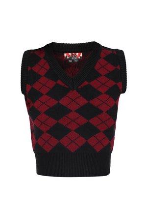 Vesta din tricot fără mâneci, cu un model argyle negru și roșu, cu guler în V și margine ribbtă. Fabritcat dintr-un material tricotat, cu un design potrivit, fără închideri.