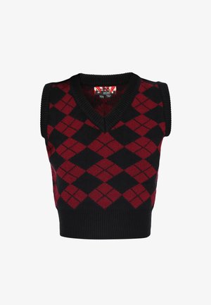 Ujjatlan, fekete és piros argyle minta szerint készült pulóver mellény V nyakkal és bordázott szegéllyel. Kötött anyag, testhezálló fazon, nincs zárás.