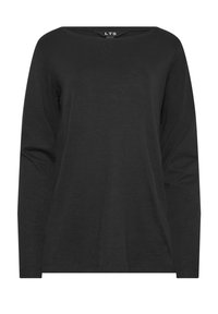 Schwarzes Langarmoberteil aus glattem Stoff mit weitem Bootsausschnitt. Hat eine entspannte Passform und minimale Nähte. Einfaches Design ohne Muster.