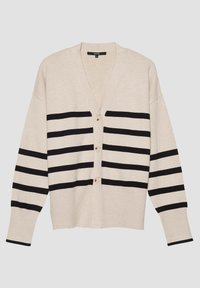 Beige villatakki, jossa on mustia vaakasuoria raitoja, V-pääntie, etupainonappi, leveät hihat ja pehmeä rakenne. Alareunat pyöristetyt.