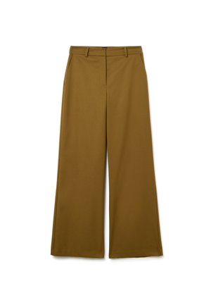 Weit geschnittene, hoch taillierte braune Hose mit Gürtelschlaufen, Seitentaschen und verdecktem vorderem Verschluss, flach auf weißem Hintergrund ausgelegt.